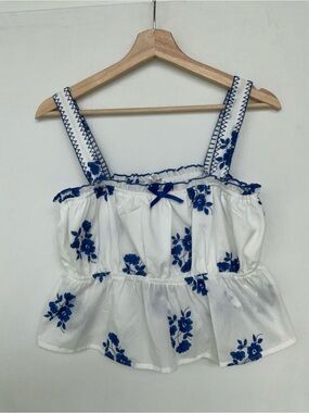 Altar'd State White Peplum Tank with Blue Floral Embroidery